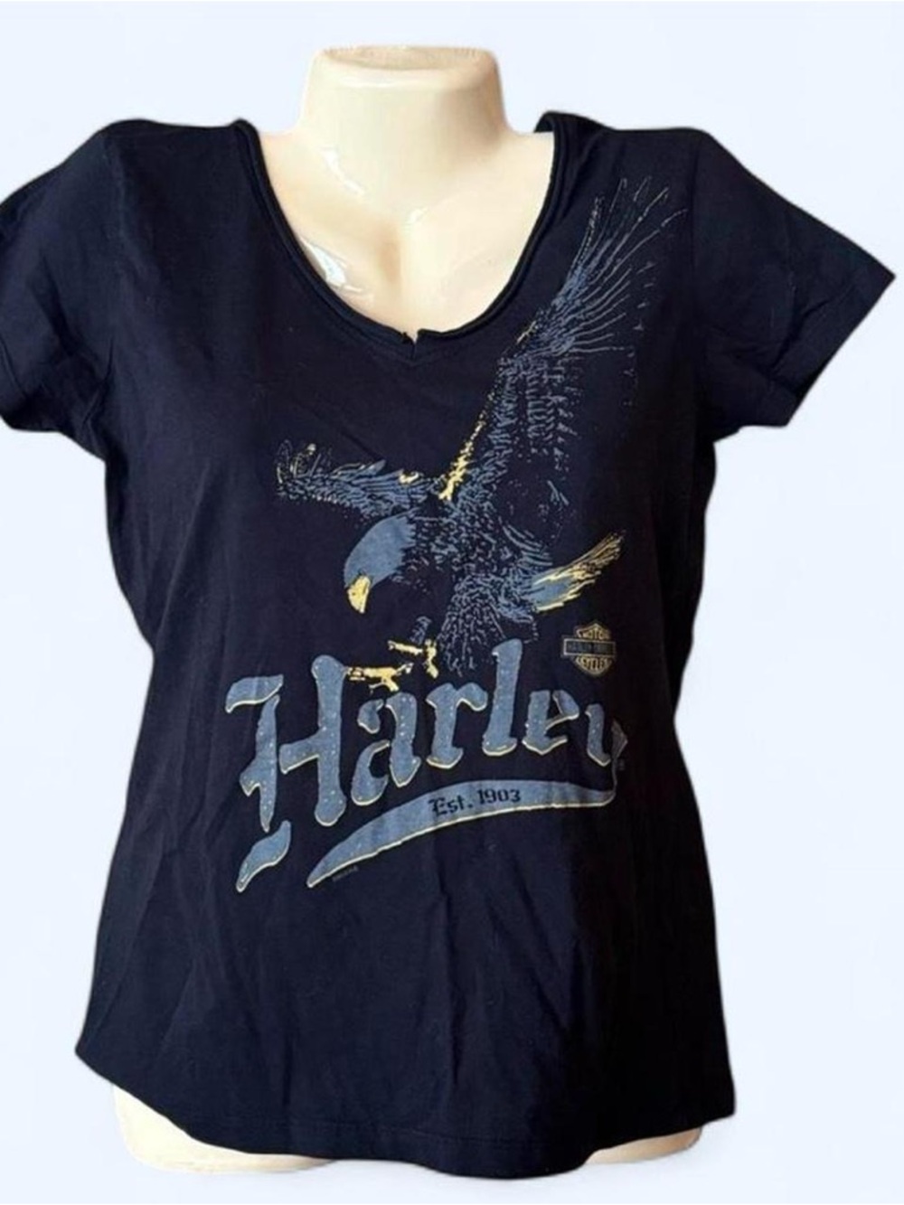 Harley-Davidson Black Tee with Eagle Graphic and Gold Accents